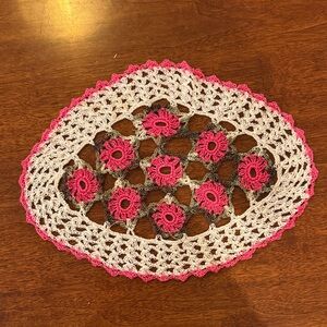 Crochet Doily with Pink and Green Accents
